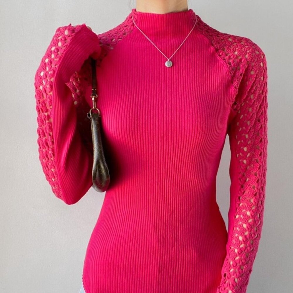 Free People Clemente Crochet Sleeve Mock Neck  Top- Pink - Small - Retail $110
